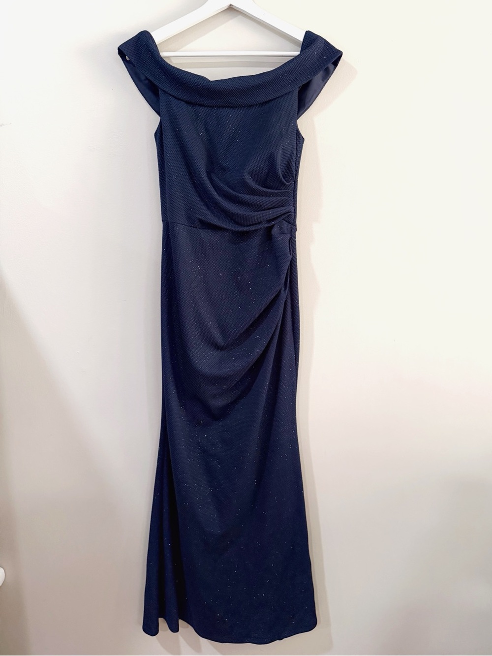 Oleg Cassini Women's 4 Navy Glitter Off Shoulder Draped Maxi Gown Glam Formal